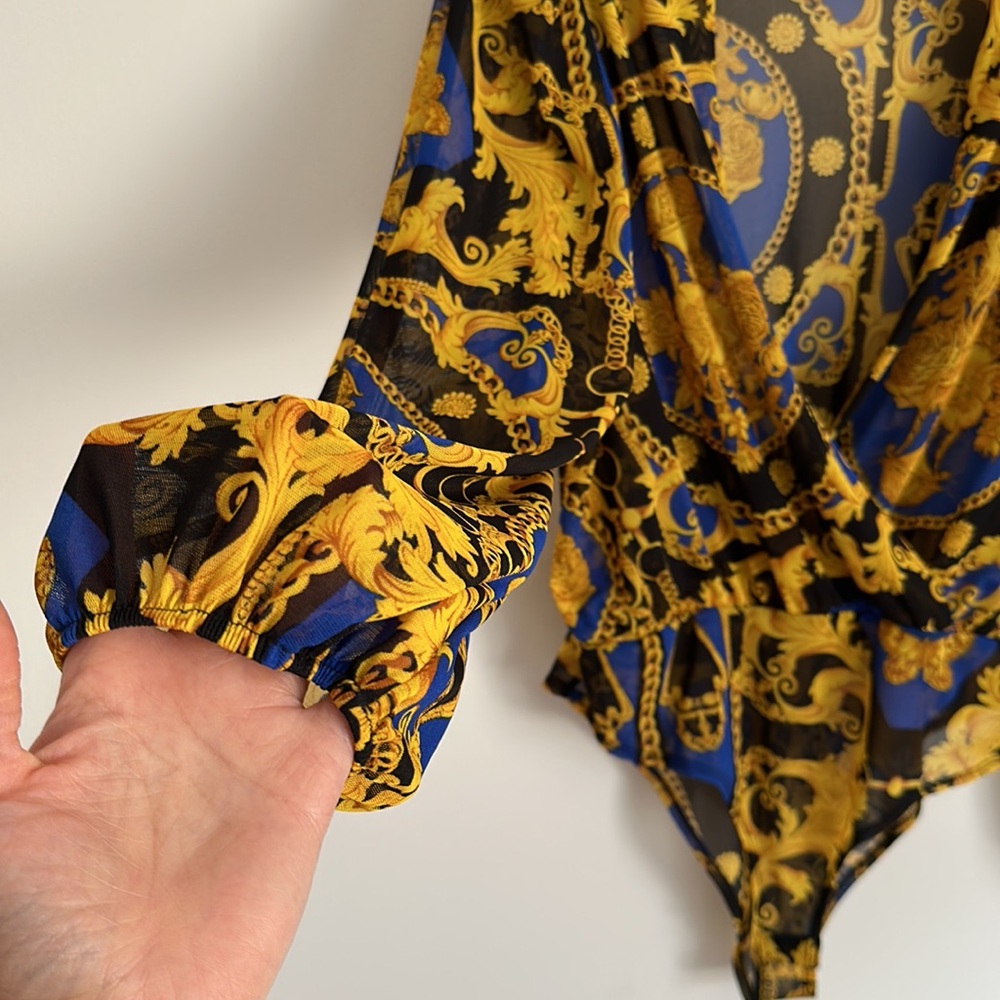 Vintage Sheer Baroque Patterned Deep V-Neck Padded Shoulder Bodysuit Blouse - Picture 3 of 8